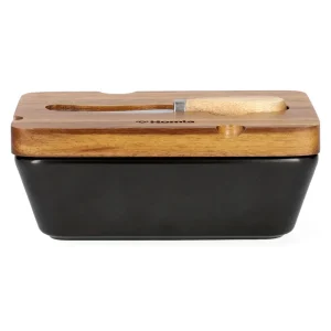 Maselniczka Mooka Porcelanowa Z Nozykiem I Akacjowa Pokrywka Czarna 11X16 Cm