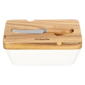 Maselniczka Mooka Porcelanowa Z Nozykiem I Akacjowa Pokrywka Biala 11X16 Cm