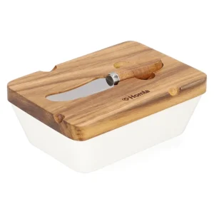 Maselniczka Mooka Porcelanowa Z Nozykiem I Akacjowa Pokrywka Biala 11X16 Cm