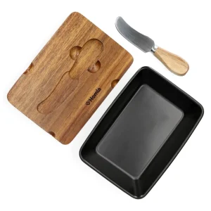 Maselniczka Mooka Porcelanowa Z Nozykiem I Akacjowa Pokrywka Czarna 11X16 Cm