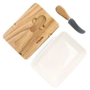 Maselniczka Mooka Porcelanowa Z Nozykiem I Akacjowa Pokrywka Biala 11X16 Cm