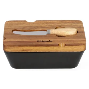 Maselniczka Mooka Porcelanowa Z Nozykiem I Akacjowa Pokrywka Czarna 11X16 Cm