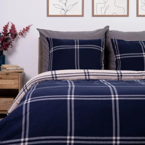 Pościel Vella Flanelowa Niebiesko-Bezowa W Krate 200X220 Cm + 2 X 50X60 Cm